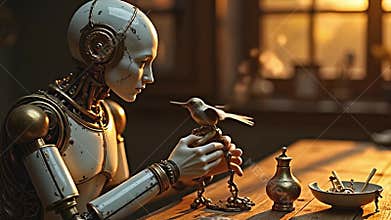 A melancholic automaton crafted from tarnished brass and Generative AI