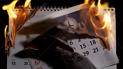 Burning wall calendar pages consumed by intense fire revealing a clock face symbolizing a deadline