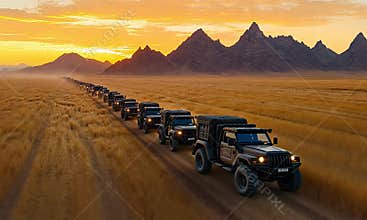 A Convoy of Off-Road Vehicles Across a Golden Desert Landscape at Sunset