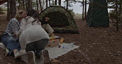 Friends Enjoying a Camping Picnic in the Forest: Sharing Food, Laughter, and Nature's Tranquility