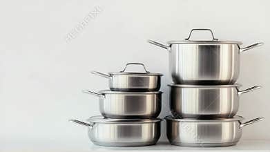 Collection of stainless steel pots and pans stacked together