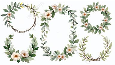 Watercolor floral wedding frames clip art. Hand painted eucalyptus leaves and flowers, bohemian style design elements. Ideal for
