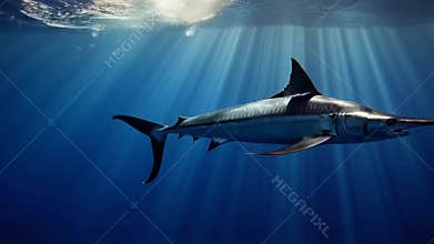 Swordfish Swimming in Ocean Waters Sunlight Rays Breaking Through Surface