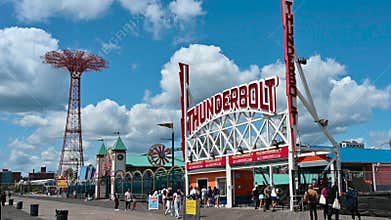 New York City, USA, August 21, 2024. Static footage of the entrance to the famous Thunderbolt, a historic roller coaster