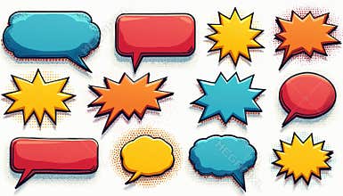 Set of visual comic speech bubbles, book sound effects. Pop art messages, various shapes, emotions. Comics font label tag