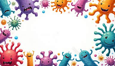 Illustration of funny cartoon germs. Diverse colorful microbes with happy faces, framed with white clear background. Health,