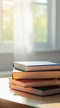 Colorful books stacked neatly on wooden table, sunlight filtering through nearby window, illuminating reading space with