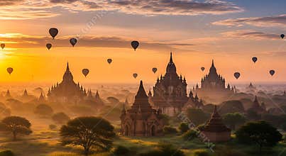 Photo of hot air balloons drift over ancient temples in bagan, myanmar at sunrise, painting the sky with golden hues