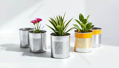 Upcycled tin can planters with greenery