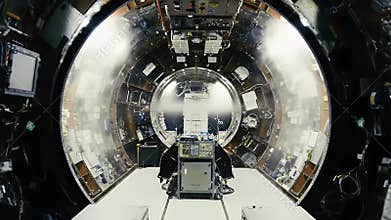 Detailed Inside View of Rocket Payload Fairing Acoustic Chamber Featuring Metallic Structures Cables and Equipment for Space