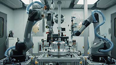 Automated Precision Robotic Arm Calibration System Inside Bright White Satellite Alignment Room Showcasing High Precision