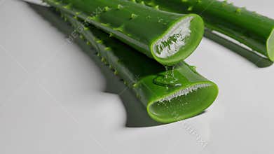 Freshly cut aloe vera leaves are releasing their soothing gel, showcasing the plant's natural healing and moisturizing