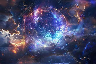 Abstract composition with zodiac circle in signs and symbols