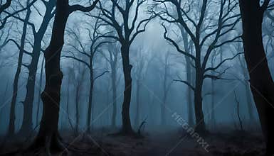 Mysterious dark forest shrouded in thickfog, tall blackened trees and twiste bare branches, glowing eerie mist, hauntingly scenery