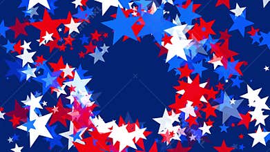 Red, white, and blue stars spinning in a center circle on blue background for USA celebrations like 4th of July, Memorial Day,