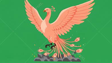 Animated Phoenix Rising From Ashes on Green Background