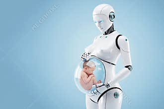 pregnancy robot mother with human baby in artificial womb, future of childbirth