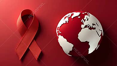 Red ribbon with globe elements for World AIDS Day awareness.