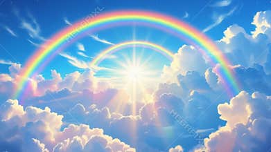 Paradise Glow: Fluffy Clouds in a Magical Rainbow Sky