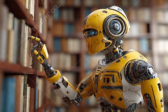 A robot with a sleek yellow design is interacting with books on a wooden shelf in a contemporary library. The setting reflects a