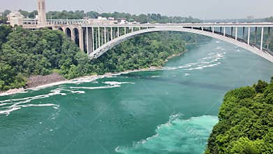Scenic view of Rainbow Bridge over the Niagara River with water rapids flowing below