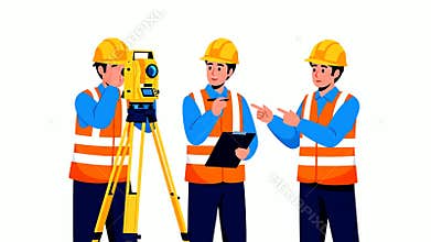 Cartoon Surveyors Team Working Together, Flat Animated Illustration