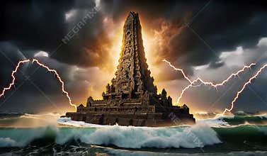 Mystical Ancient Tower Amidst Stormy Seas: A Digital Epic