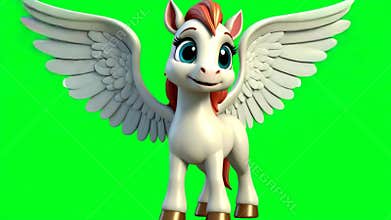 A charming animated pony with large, feathered wings stands against a bright green backdrop, ready for adventure and imaginative