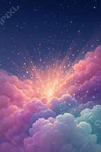 Vibrant celestial panorama featuring luminous clouds bathed in a radiant sunrise glow under a starry expanse