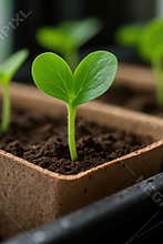 Delicate green seedling emerging from rich soil in a biodegradable pot symbolizing new beginnings and growth
