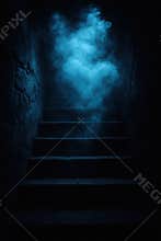 Ethereal blue mist swirling above dark staircase leading into mysterious shadowed depths