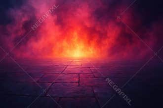 Vibrant fiery glow emanating from a textured ground surface with wisps of colored smoke