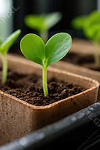 Young green seedling emerging from rich soil in a biodegradable pot representing new growth and cultivation