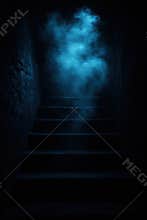 Mysterious glowing blue mist ascending stone steps in a dark ethereal environment