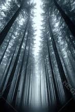 Towering evergreen trees create a mystical pathway leading towards a bright ethereal light in a dense forest