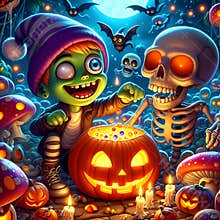 A mischievous zombie kid, surounded by glowing mushrooms, skeleton, and bats, with a candy bucket of scary pumpkin