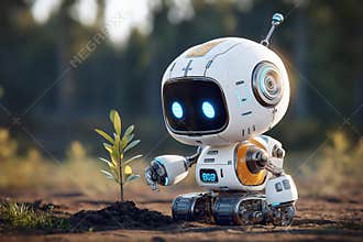 Cartoon character cute robot plants a sprout of a tree plant in a forest in nature. Automatic robotic care for plants and