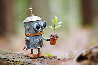 Cartoon character cute robot with a young plant sprout in pot in the forest in nature