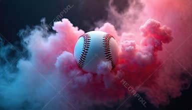White baseball with red stitching is surrounded by pink and blue smoke clouds against a dark background. Vibrant, colorful smoke