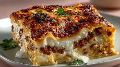 A delectable slice of lasagna, a classic Italian comfort food.