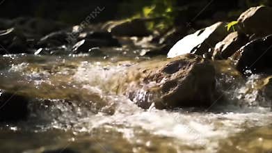 Fast-flowing Mountain Stream, Rocky Riverbed, Nature\'s Dynamic Flow