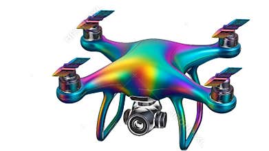 animation features a drone with a vibrant rainbow metallic finish