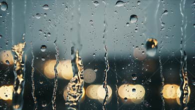 Dynamic Rain on Glass: Abstract Water Droplets and Streaks with Urban Bokeh Lights
