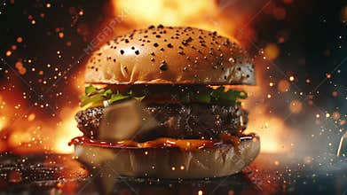 An epic burger in a cinematic explosion of fire and flavor. The ultimate hero shot for a powerful brand, menu launch, or food