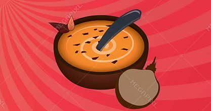 Grey spoon entering and pressing into orange soup, stirring clockwise and creating cream spiral