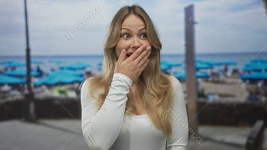 Woman wide eyed bare hand gently covering mouth gesture at sunny sandy beach; surprise amazement delight joy