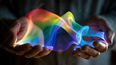 Exploring the magic of light waves flowing between hands in a captivating display of color and creativity Generative AI