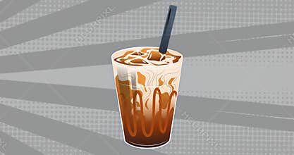 At start, stylized iced coffee glass rotating clockwise then reversing to showcase creamy swirl