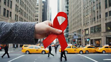 Hand holds a red AIDS awareness ribbon in a bustling city environment with taxis and pedestrians.
