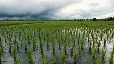 Paddy seedlings with farmland landscape under dark clouds, Generative AI